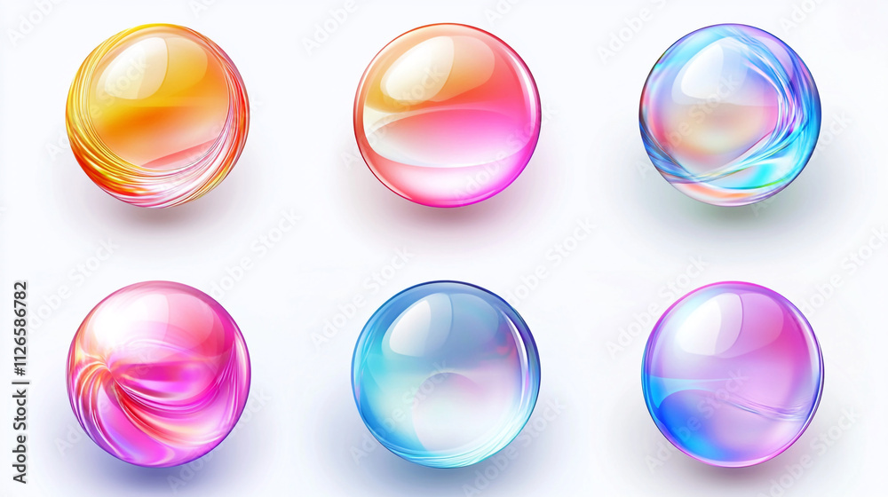 Colorful spheres with shiny surfaces reflecting light in vibrant shades on a white background Colorful spheres with shiny surfaces reflecting light in vibrant shades on a white background