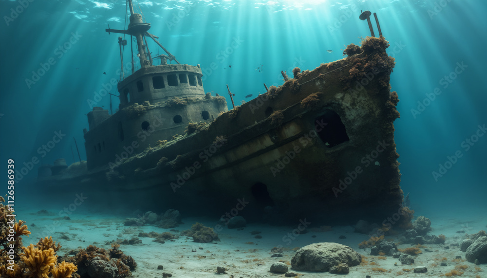 wallpapers An intriguing view of a sunken ship resting on the ocean floor surrounded by coral. Light beams penetrate the water, creating an ethereal atmosphere. AI generated. wallpapers An intriguing view of a sunken ship resting on the ocean floor surrounded by coral. Light beams penetrate the water, creating an ethereal atmosphere. AI generated.