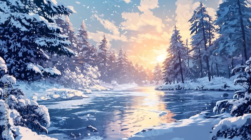 A pristine river running through a snowy forest with icy banks, snow-covered pines and a pale winter sun
