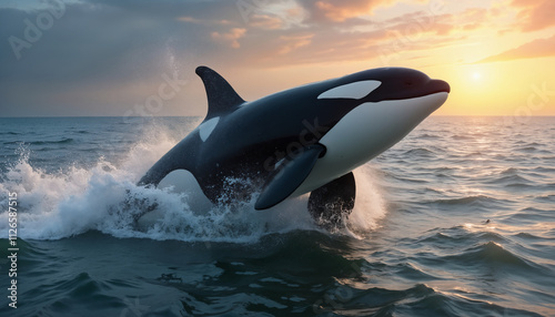 wallpapers An orca whale leaps dramatically out of the ocean against a stunning sunset backdrop, showcasing the beauty of marine life in their natural habitat. AI generated. photo