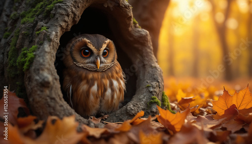 wallpapers A captivating image of an owl peeking from a tree hollow amidst vibrant autumn leaves and soft sunlight. AI generated. photo