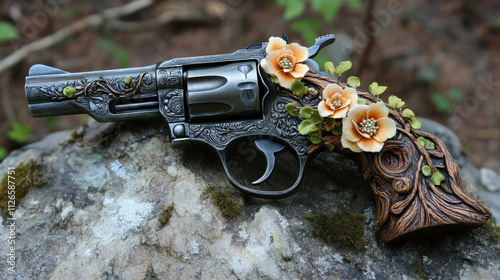 Flower weapons, A decorative revolver adorned with flowers and intricate carvings, resting on a rock amidst greenery. photo