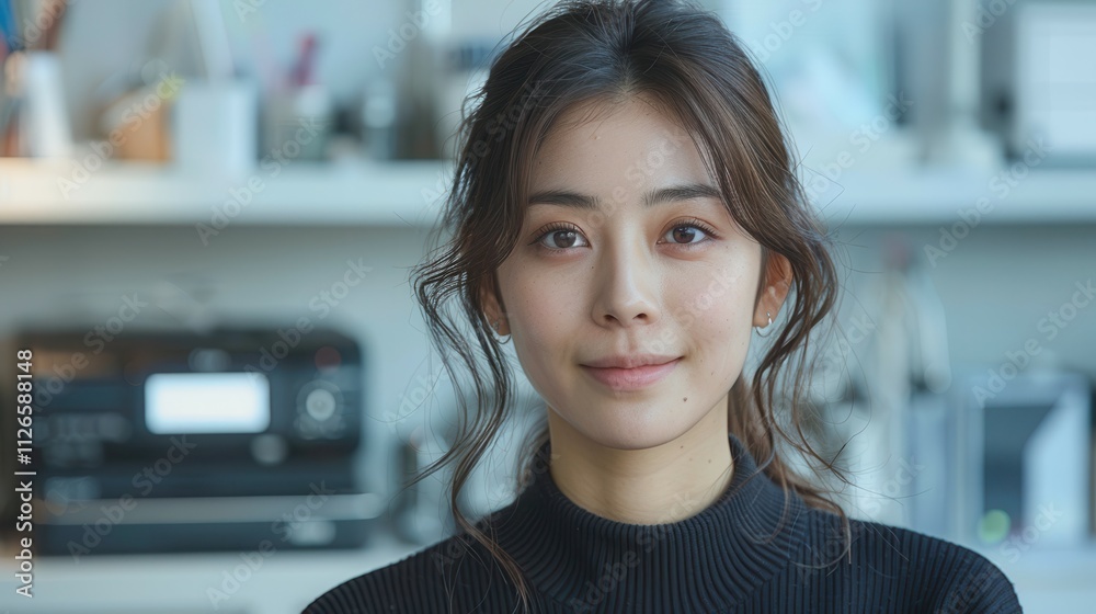Young woman poses confidently in a modern workspace with a serene expression and stylish attire. Generative AI Young woman poses confidently in a modern workspace with a serene expression and stylish attire. Generative AI