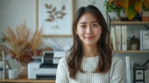 Free Download Young woman with long hair smiles in a cozy office filled with plants and stationery during daylight. Generative AI - GFXLoad