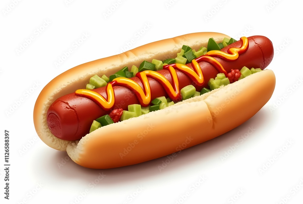 Delicious hot dog with ketchup and mustard, isolated on white background Delicious hot dog with ketchup and mustard, isolated on white background