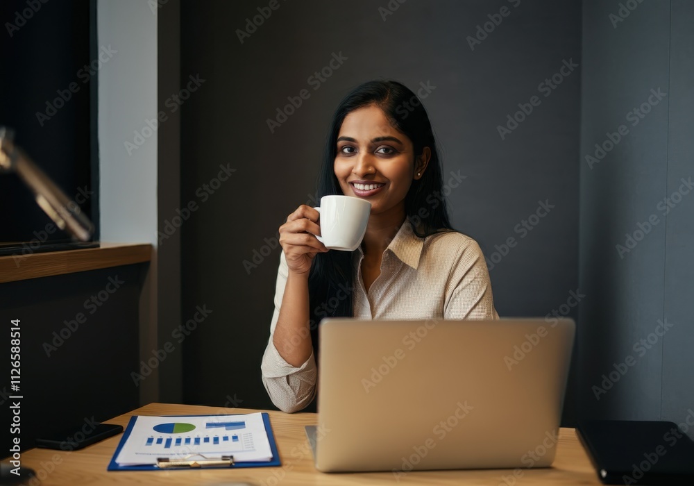 Asian businesswoman using laptop while analyzing reports in office Asian businesswoman using laptop while analyzing reports in office