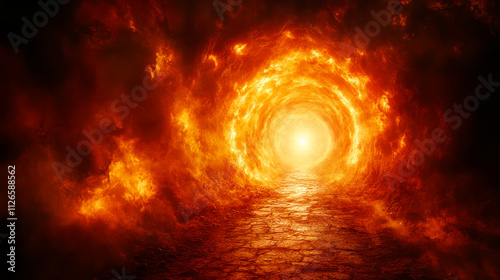 A fire portal, gateway to afterlife in burning clouds