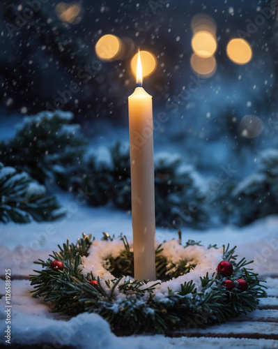 Advent wreath with the first lit candle and Christmas decoration outdoors