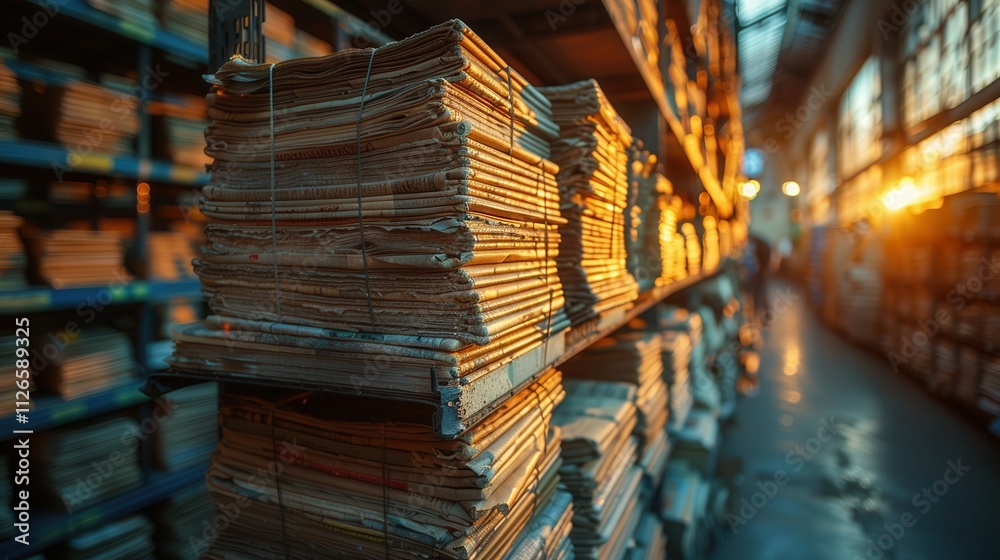 Obraz premium Files neatly stacked on shelves basking in golden sunset light inside an archive room. Generative AI
