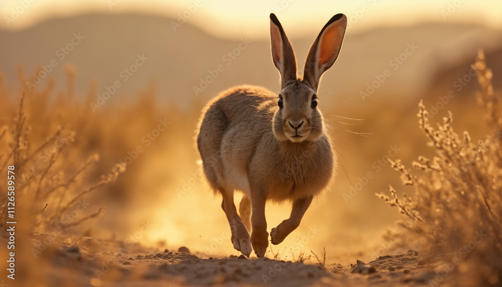 Obraz premium wallpapers A serene image of a rabbit running through a desert landscape during sunset, showcasing nature's beauty. AI generated.