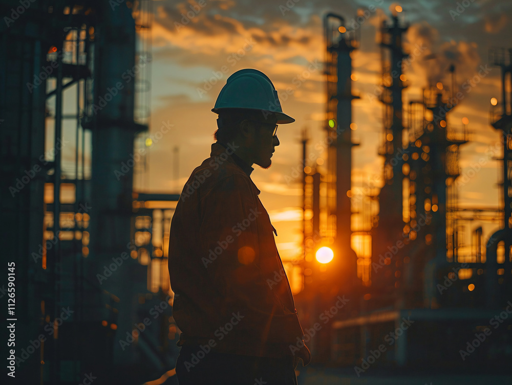Silhouette engineer male working against oil and gas power industrial factory. Silhouette engineer male working against oil and gas power industrial factory.