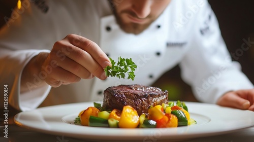 Fototapeta Naklejka Na Ścianę i Meble -  Chef garnishing grilled steak with parsley and vegetables on white plate