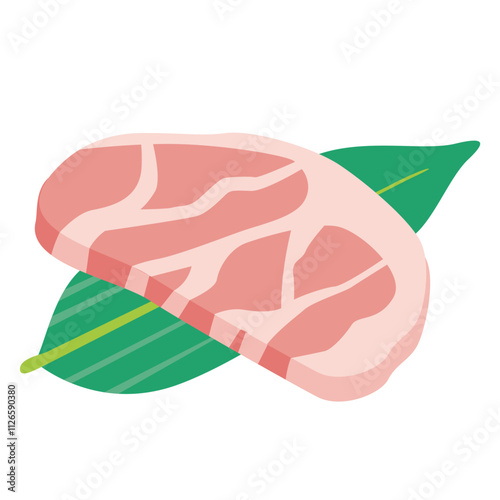 アイソメトリック_竹の葉に乗った肉のイラスト