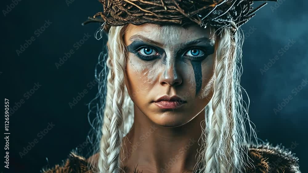 Warrior Woman with Crown of Twigs and Fierce Gaze  
