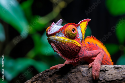 A colorful chameleon sitting on a tree branch photo