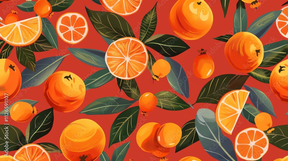 A seamless pattern featuring oranges and leaves on a red background. A seamless pattern featuring oranges and leaves on a red background.