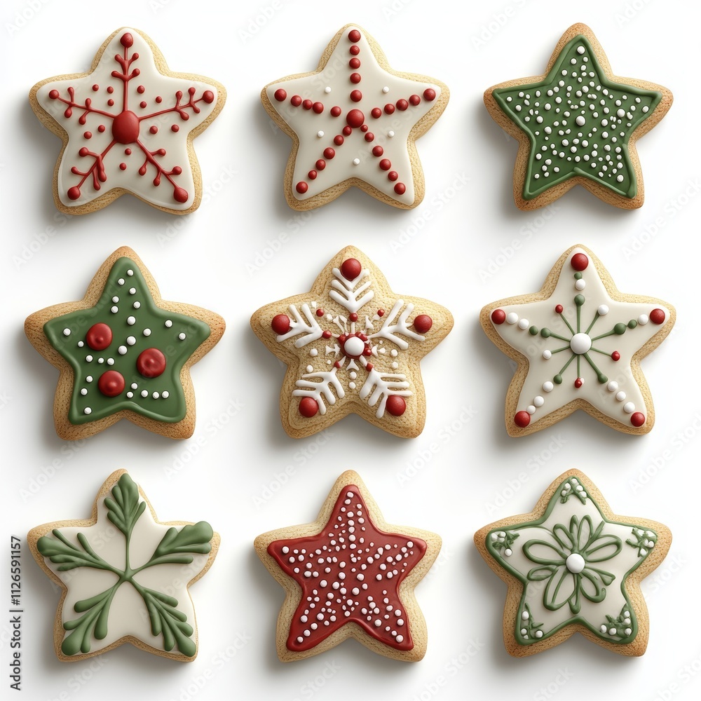 Festive Christmas Star Shaped Cookies with Red and Green Icing on White Background - High-Resolution Photorealistic Image Festive Christmas Star Shaped Cookies with Red and Green Icing on White Background - High-Resolution Photorealistic Image