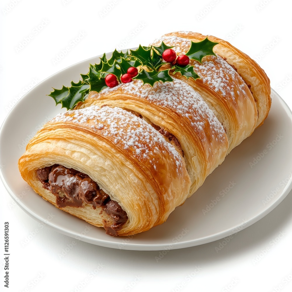 Holiday Joy - Chocolate-Filled Christmas Croissant with Holly Candies on White Background Holiday Joy - Chocolate-Filled Christmas Croissant with Holly Candies on White Background