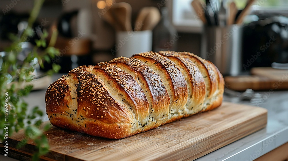 Homemade loaf of artisan bread with sesame seeds on wooden board. Homemade loaf of artisan bread with sesame seeds on wooden board.
