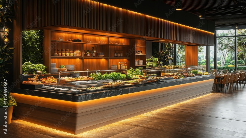 Modern Single-Serve Buffet Station with Elegant Wood and Stainless Steel Finishes in Professional Restaurant Ambiance