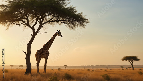 wallpapers A majestic giraffe stands against a stunning sunset backdrop in the savannah, surrounded by acacia trees and golden grass, creating a peaceful scene. AI generated. photo