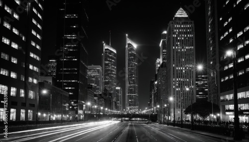 Black and white cityscape showing towering buildings and street lights in a dramatic, high-contrast composition