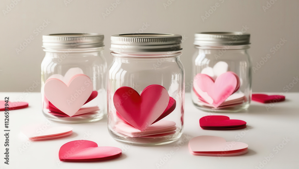 Three glass jars filled with pink and red paper hearts sit on white surface. Three glass jars filled with pink and red paper hearts sit on white surface.