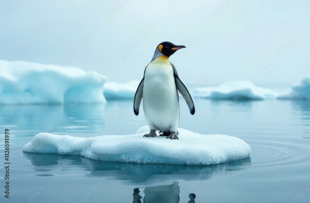 Fototapeta premium environmental awareness, ecology concept, climate change impact. alone penguin standing on melting ice floe caused by global warming, surrounded by open blue water on north pole.
