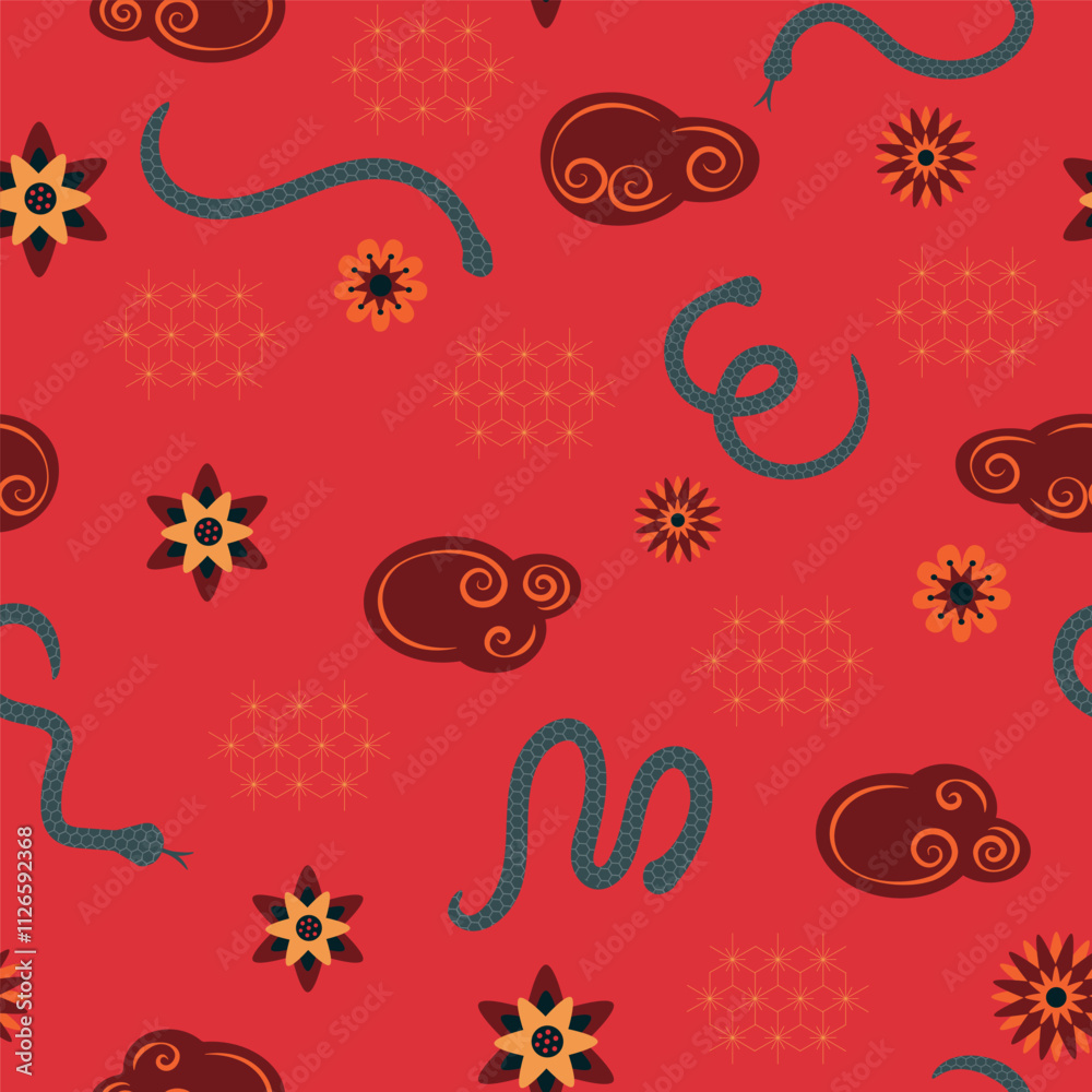 Obraz premium Trendy seamless pattern with snakes. Chinese new year. Vector illustration, flat style.