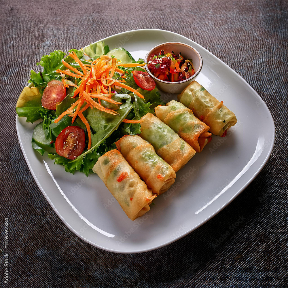 Crispy Vegetable Spring Rolls with Fresh Salad and Lettuce Crispy Vegetable Spring Rolls with Fresh Salad and Lettuce