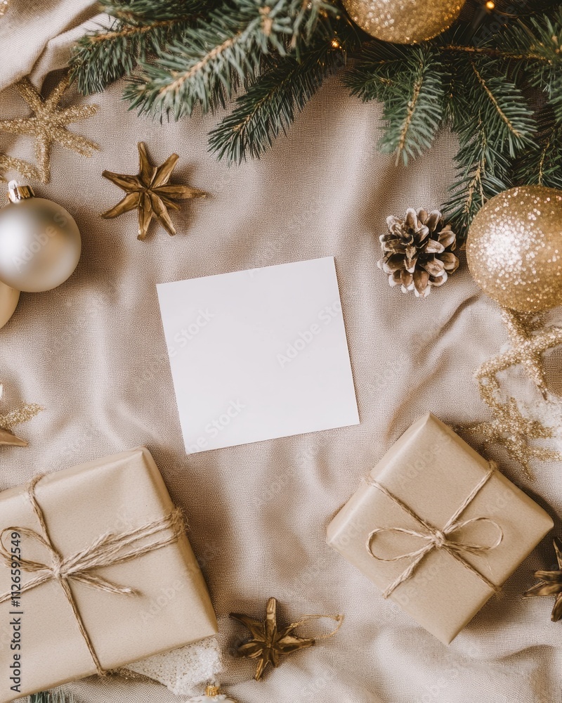 Obraz premium Flatlay Christmas Mockup Blank Card with Gifts and Ornaments