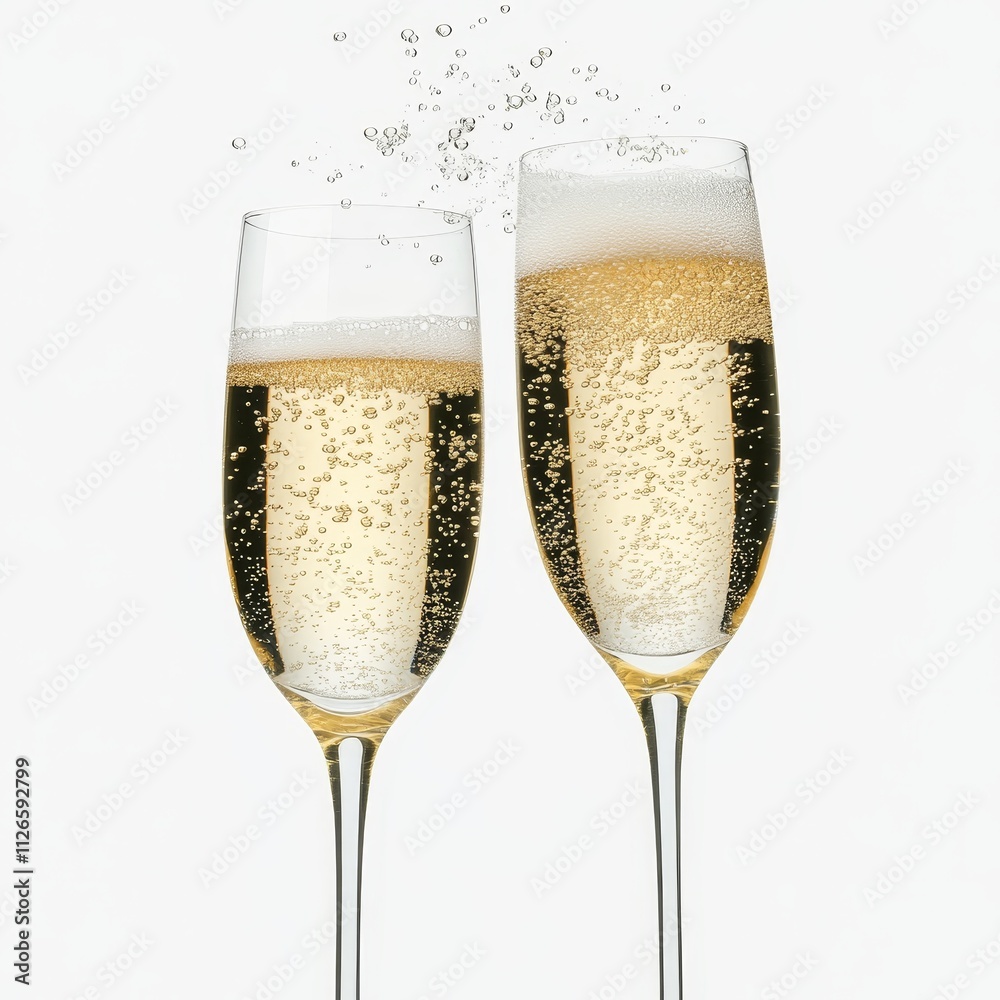Sparkling Crystal-Clear Champagne Glasses with Bubbles and Reflections on White Background, Photorealistic Elegance Sparkling Crystal-Clear Champagne Glasses with Bubbles and Reflections on White Background, Photorealistic Elegance
