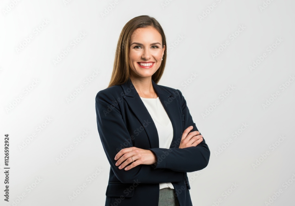 A professional woman dressed in a navy blazer over a white blouse stands against a white A professional woman dressed in a navy blazer over a white blouse stands against a white