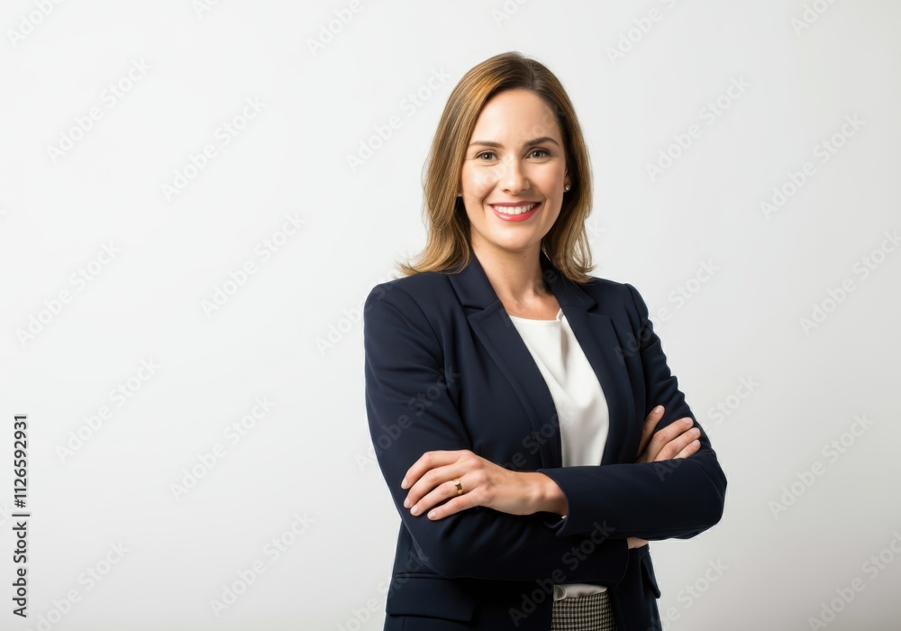 A professional woman dressed in a navy blazer over a white blouse stands against a white A professional woman dressed in a navy blazer over a white blouse stands against a white
