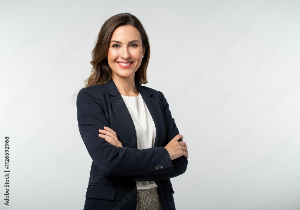A professional woman dressed in a navy blazer over a white blouse stands against a white A professional woman dressed in a navy blazer over a white blouse stands against a white