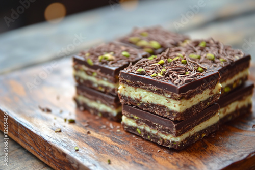 caked chocolate rolls with pistachio paste and crispy dough kataifi sprinkled with grated chocolate and pistachios