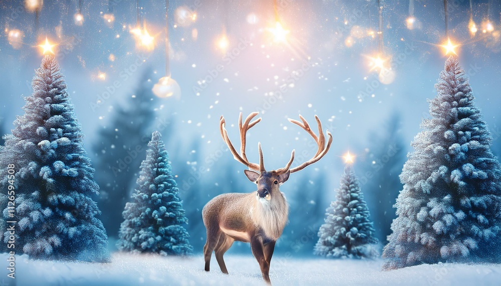 Generated imageChristmas banner with magical scene of a reindeer in center in snowy forest with Christmas trees with lights and stars with copy space Generated imageChristmas banner with magical scene of a reindeer in center in snowy forest with Christmas trees with lights and stars with copy space