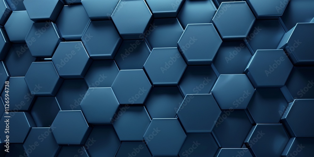 Hexagonal tiles arranged to create a dark blue wall, with a polished, futuristic background formed from 3D cubes. 3D Render. Hexagonal tiles arranged to create a dark blue wall, with a polished, futuristic background formed from 3D cubes. 3D Render.