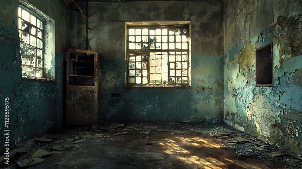 Obraz premium Abandoned room with broken windows. Concept of decay, neglect, and forgotten history.