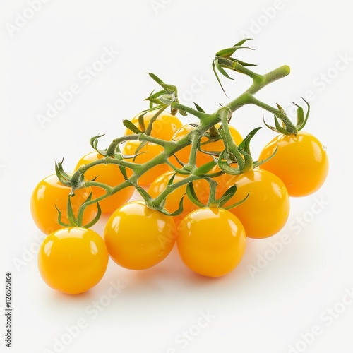 Yellow cherry tomatoes, in a bunch, sweet and juicy, isolated on white background, sharp details, 4K hyperrealistic photo.
