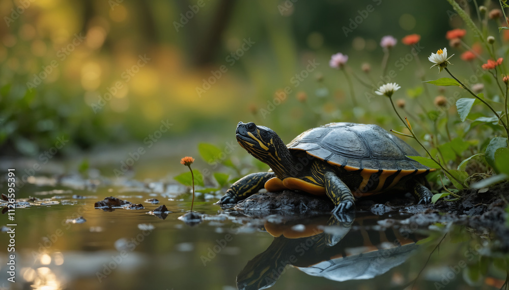 Obraz premium wallpapers A serene turtle rests by the edge of a calm pond surrounded by wildflowers. The scene captures tranquility and the beauty of nature. AI generated.