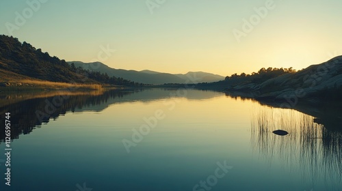 A calm lake at sunrise, the water perfectly still, reflecting the surrounding landscape in a moment of peaceful clarity.