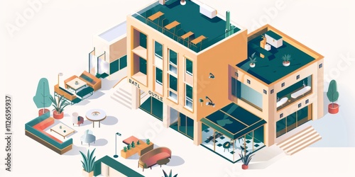 Hotel with reception, rooms, and a rooftop bar, simple isometric illustration.