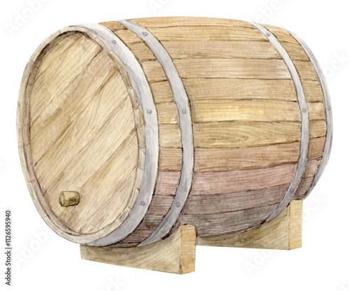 Wooden oak barrel for storing fermented drinks, wine or beer. Watercolor brown keg on a stand. Rustic clipart, retro design, oktoberfest.