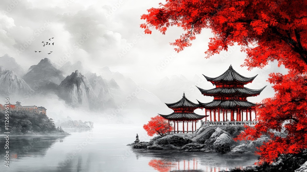 Obraz premium Serene misty landscape with traditional Chinese pagodas, a calm lake, and red maple trees, creating a tranquil and picturesque atmosphere