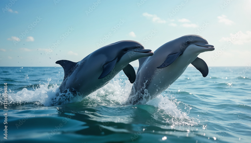 Obraz premium wallpapers Two dolphins are joyfully leaping out of the water under a bright sky. Their sleek bodies glisten in the sunlight, creating a stunning ocean scene. AI generated