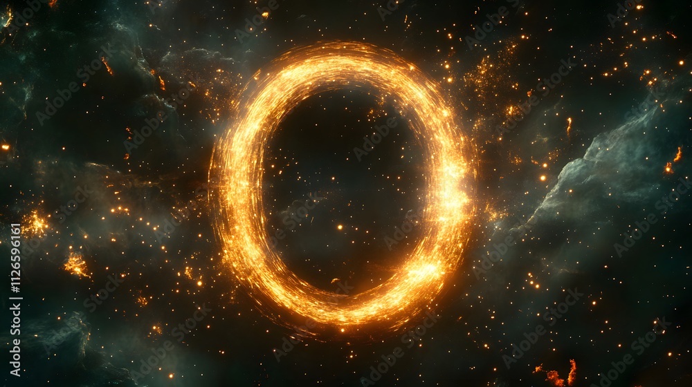Fiery Cosmic Ring in Starry Nebula Background Fiery Cosmic Ring in Starry Nebula Background