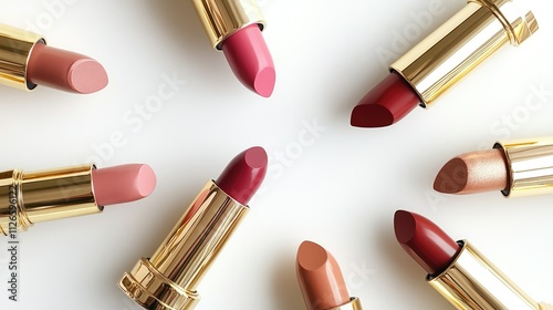 Assorted lipsticks in gold tubes arranged on white background.