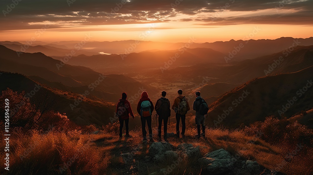 Hikers Watch Sunset Over Mountain Ranges Hikers Watch Sunset Over Mountain Ranges