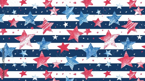 A seamless pattern of blue and red stars on a striped background.